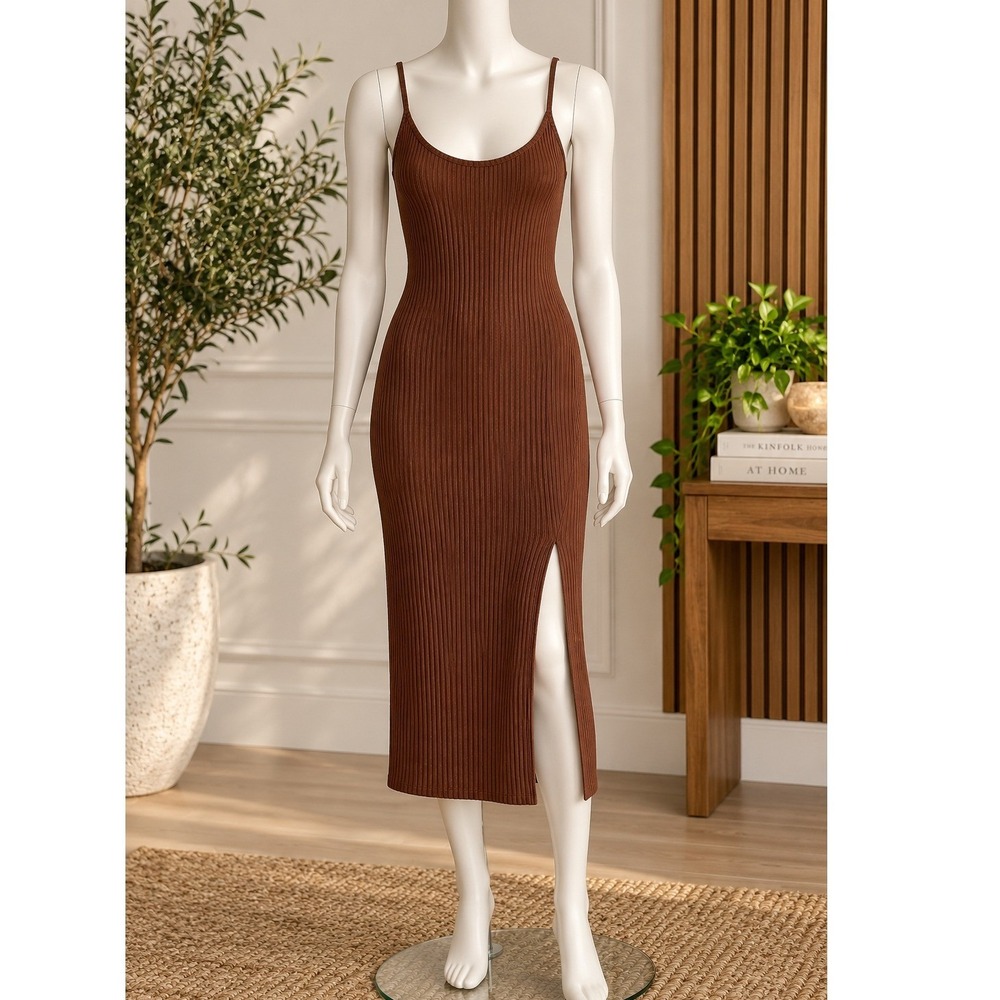Forever 21 Womens Dress Brown Ribbed Knit Side Slit Large